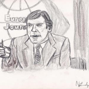 Sketch by Thomas Lundy (AKA Neil Jr.) of Neil Lundy as anchorman of weekly PBS TV program European Journal at Deutsche Welle in Cologne, 1988