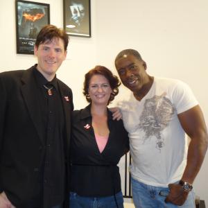 Hosts Derek Maki and Sheila Myjo pose with actor Ernie Hudson on set of the web series Coolwaters LIVE!