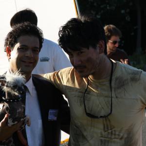 Director/Producer/Actor Ray Arthur Wang (right) with Actor Dane Andrew and Rascal The World's Ugliest Dog (Behind them from left to right: Brian Pahl, Nader Assemi, Garland L. Yee)