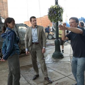 Richard Armitage Steven Quale and Sarah Wayne Callies in Into the Storm 2014