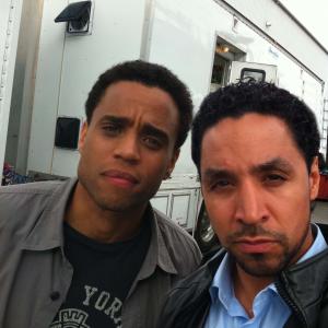 Michael Ealy and Chad Riley on the set of Almost Human