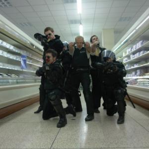 Still of Paddy Considine Nick Frost Simon Pegg Rafe Spall and Olivia Colman in Hot Fuzz 2007