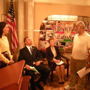 Etienne Eckert Christopher Duncan Mary Passeri and Ted Lange on the set of the CW show The First Family directed by Ted Lange 2012