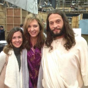 Etienne Eckert, Allison Janney, and John Charles Meyer on the set of the CBS show 
