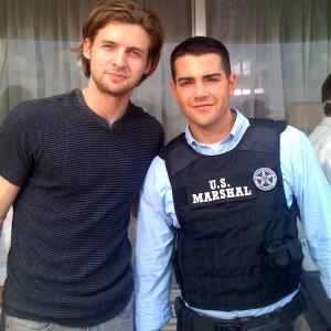 Donny Boaz and Jesse Metcalfe on the set of Chase