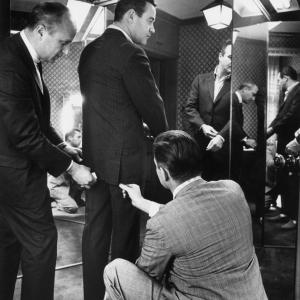 Jack Lemmon being fitted for a new dresser by habedasher Dick Carroll and his publicist Richard Carter 1964
