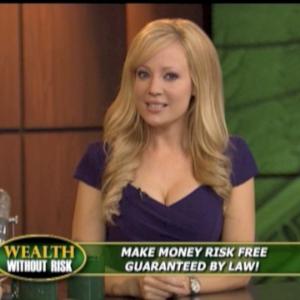 Screen grab of host Stacey Hayes on set of infomercial WEALTH WITHOUT RISK