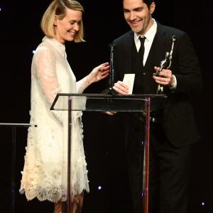 Chris A Petersen receives his award from actress Sarah Paulson for Best Edited Documentary The Assassination of President Kennedy at the 64th annual ACE Eddie Awards which recognizes outstanding editing in ten categories of film