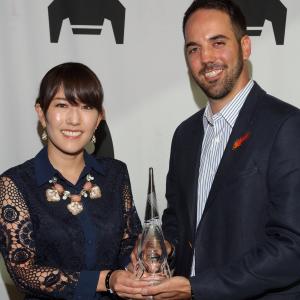 Director Akiko Izumitani and cinematographer Daniel Cotroneo with the Emerging Cinematographer Award for The Other Side