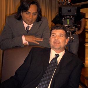 From the set of Carlos most recent character role in the 2005 indie film That Game of Chess directed by Raja Bundela India stars Carlo as Jim and Viresh Mohan as Rahullead joke around before shooting a scene in Canoga Park LA California