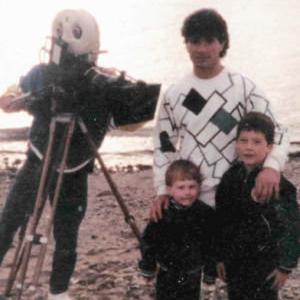 Actor Carlo Corazon with son M1ke and friend CJ on the set of the 1985 film 'Beyonder'.