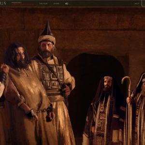 Art work from Nat Geo interactive website for Killing Jesus  Malchus holds Jesus in Trial