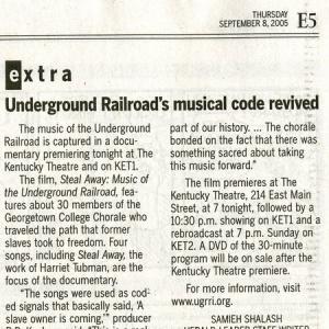 Newspaper article on Steal Away Music of the Underground Railroad