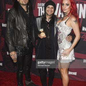 Rockers Neil D'Monte, Alex Frejrud, Sara Hedgren and 'Frieda the Owl' attend Overkill's The Walking Dead on June 13, 2015 at House of Blues in West Hollywood, CA. Neil's outfit provided by GhostCircus Apparel.