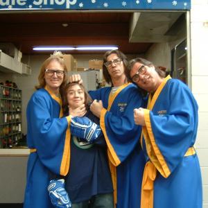 on the set of Slap Shot  The Junior League with the Hanson Brothers