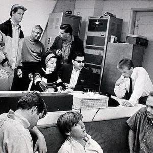 from L to R BACK Brian Wilson aka The Beach Boys Tutti Camarata Annette Funicello Robert B Sherman Richard M Sherman Al Jardine FRONT Dennis Wilson Carl Wilson Mike Love During the recording session for Monkeys Uncle The 1965