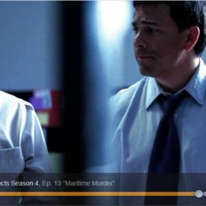 Screen captures of John Prudhont as NCIS Special Agent Tom Assimos and Jon Bridell as NCIS Special Agent Dave Early in Season 4 Episode 13 Maritime Murder of the TV show Unusual Suspects