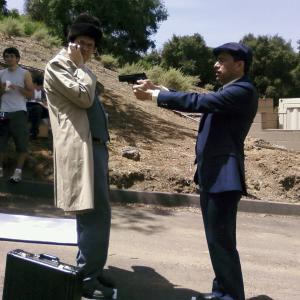 Michael Faulkner as Agent X and John Prudhont as The Plague during filming of Agent X: The First Mission
