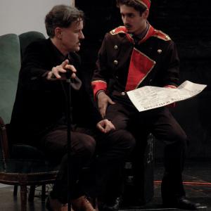 Jack Dimich as Nikola Tesla and Luka Mijatovic as Luka in TESLA, written by Sheri Graubert, directed by Sanja Bestic. Theatre 80 St. Marks, New York. May 23rd thru June 8th 2013.