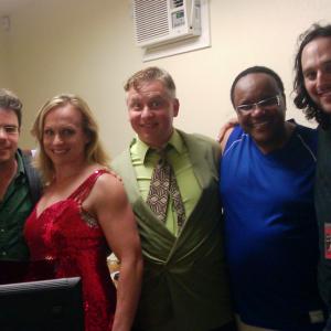 Director Yuval Shrem on right with Commodores musical director Thomas Dawson and the Blond Thunder cast from left Eddie Navarro Adam Meir Dallas Malloy Andrew Libby in the greenroom of a Commodores show