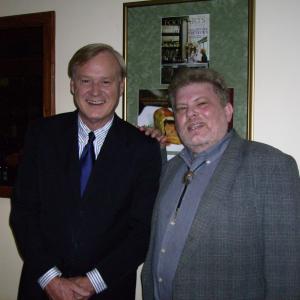 Joe Hansard (right) as Cosgrove, in a scene with Chris Matthews playing himself on the set of Dave Fraunces feature film Below the Beltway.