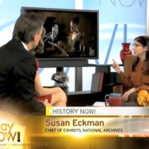 Elisa London guest starring as Susan Eckman Historian  Director of the National Archives on Onion News Networks Today Now! program