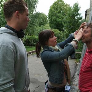 Anders Helde with actor Christian Damsgaard and key makeup artist Lisbeth Rishj on the set of The Boy Who Couldnt Swim 2008