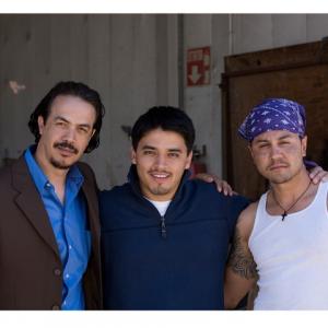 from left to right Julian Scott Urena Douglas Spain Justin Huen on the set of North By El Norte