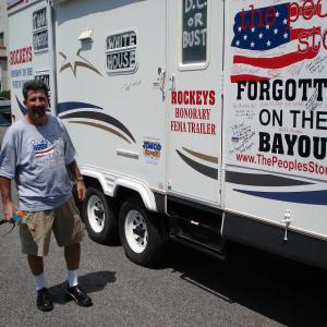 Rockey and his famous Fema Trailer during on the road during the production of Forgotten on the Bayou