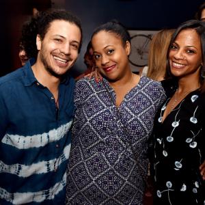 WEST HOLLYWOOD, CA - OCTOBER 09: (L-R) Producer Ramses Jimenez, Mariel Saldana and producer Cisely Saldana pose at a party to celebrate AOL's fall premieres of their original programming at Palihouse on October 9, 2014 in West Hollywood, California.