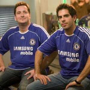 Philip Waley Producer and Eli Roth Director on set of Hostel Part II in their Chelsea Football Club shirts