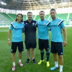 Producer Philip Waley with Filipe LuisJohn Terry and Gary Cahill of Chelsea Football Club Summer 2014