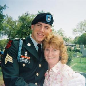 Actor Channing Tatum pictured with Vicki Johnson, Key Set Medic, on location with the Feature Film Stop-Loss