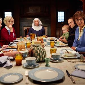 Still of Jenny Agutter Ben Caplan Pam Ferris Miranda Hart Emerald Fennell Helen George Victoria Yeates and Peter Noakes in Call the Midwife 2012