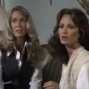 Tracy Brooks Swope and Jacklyn Smith on set of Charlies Angels