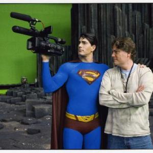 Brandon Routh and Rob Burnett on the New Krypton set of SUPERMAN RETURNS Aug 2005