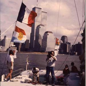 Paul Goldberg shooting Panasonic Recam for Operation Sail from the flagship the French catamaran Atlantic Liberte July 4th 1986