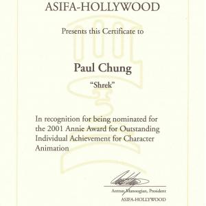 My Annie award nomination for 'Outstanding Individual Achievement for Character Animation.'