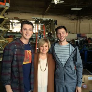 Tyler Case on the set of The Mentalist w Mary Kay Place Center and Devon Graye Right