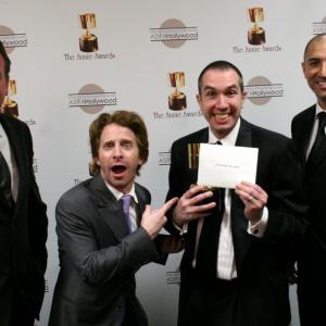Seth Green and Matt Senreich shocked by their win for best animated short subject surrounded by presenters Tom McGrath and Danny Jacobs