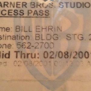 Warner Bros. Studio pass for Bill Ehrin