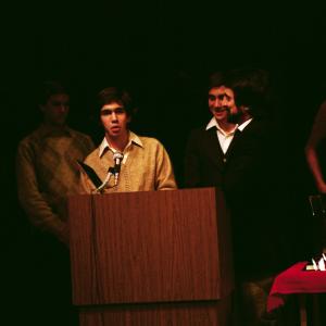 Jon Teboe accepts the Super8 Third Place award from Tom Savini at the 1983 CinemagicSVA Short Film Search at Lincoln Center Also present are the other teenage producers of The Yellow Ranger  Rene Teboe and Dan and Steve Frazier