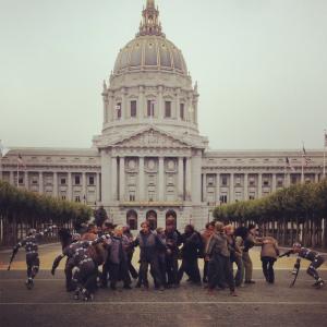 Filming Dawn Of The Planet Of The Apes on the Civic Center Plaza in front of San Franciscos City Hall