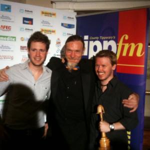 Actor David Moon Will Nugent festival director at International Film Festival Ireland and Tobias Tobbell with award for best First Film Europe as producer