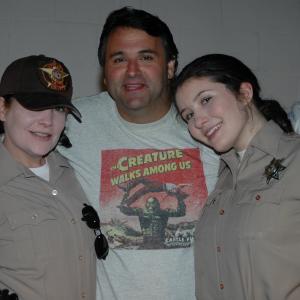 Producer Sam Borowski with actor Robin Anne Phipps (R, who plays Dee) and stunt double Gretchen Mathis (L, wearing hat) on the set of REX.