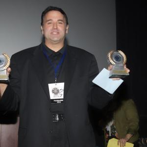 Sam Borowski displays the two awards he won for Best Director of a Short and Best Short at the Northeast Film Festival for his movie, 