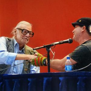 Adam Green and George A Romero discuss the craft of filmmaking and Romeros long and distinguished career on stage at the 2015 Rock and Shock horror and music convention in Worcester MA