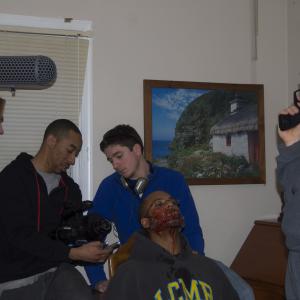 Producer Chad Gurdgiel, Terrell Gordon and Director Kyle Thompson with actors Chris Harbur and Matt Shell on set of The Descending