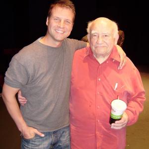 Tim Slaske and Ed Asner on stage at the Falcon Theatre, Burbank