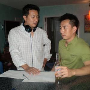 Tom Huang and James Kyson Lee on the set of Why Am I Doing This? during downtime